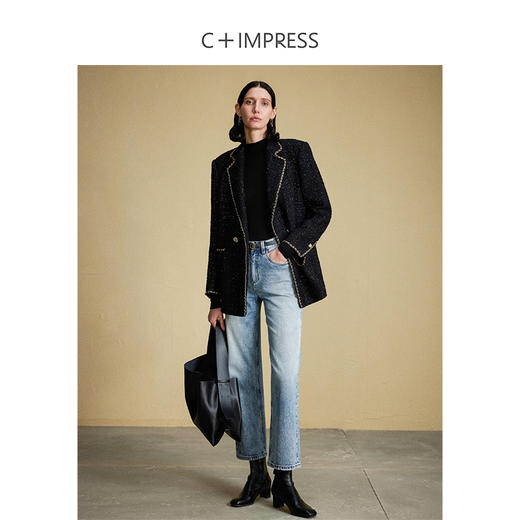 西嘉C+IMPRESS/西嘉黑色西装外套女小香风式链条饰边羊毛粗花呢WT2304077 商品图1