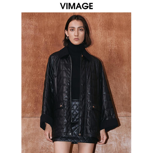 VIMAGE纬漫纪冬季新款时尚显瘦压纹保暖皮羽绒外套女V2010603 商品图3