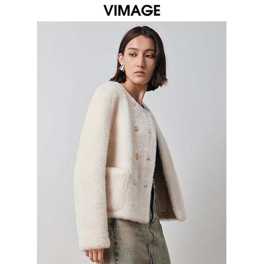VIMAGE纬漫纪冬季新款气质修身羊皮革外套大衣V2093606 商品图3