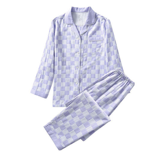 【棋盘格家居服】双层纱家居服格子情侣睡衣全棉长袖长裤居家服套装新 商品图1