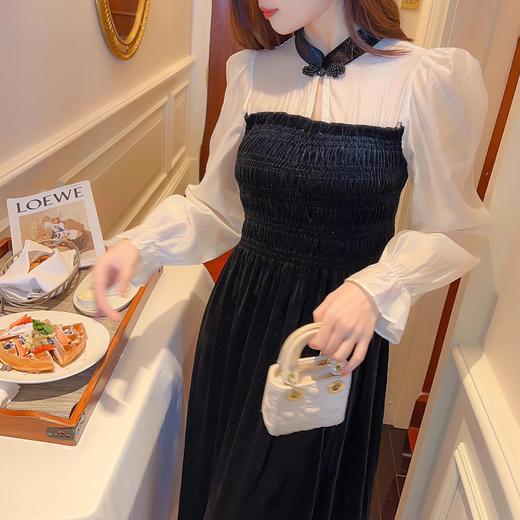 张心子【圣岛酒庄】复古国风拼接连衣裙女2023秋冬新款宴会礼服裙 U2310026 商品图0