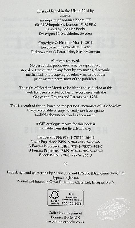 预售 【中商原版】奥斯威辛的刺青师 奥斯维辛的纹身师 英文原版 The Tattooist of Auschwitz Heather Morris 周日泰晤士报畅榜传记 商品图3