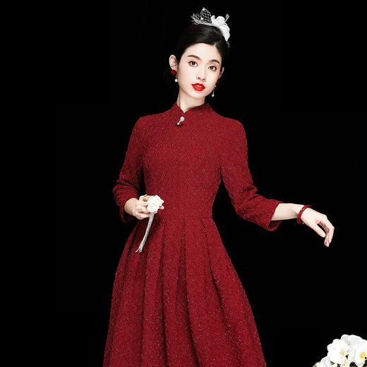 中国风女装，新款秋季复古针织粗纺红色改良旗袍连衣裙OY-230392 商品图2