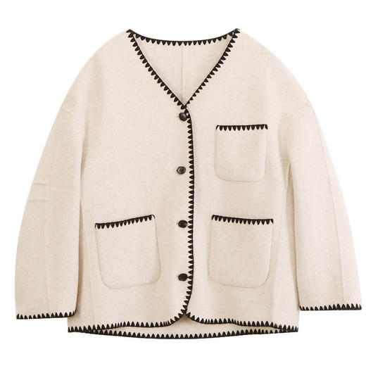 玳莎混色双面呢V领大衣女秋冬新款贝壳绣设计感一手长外套   DD39308 商品图4