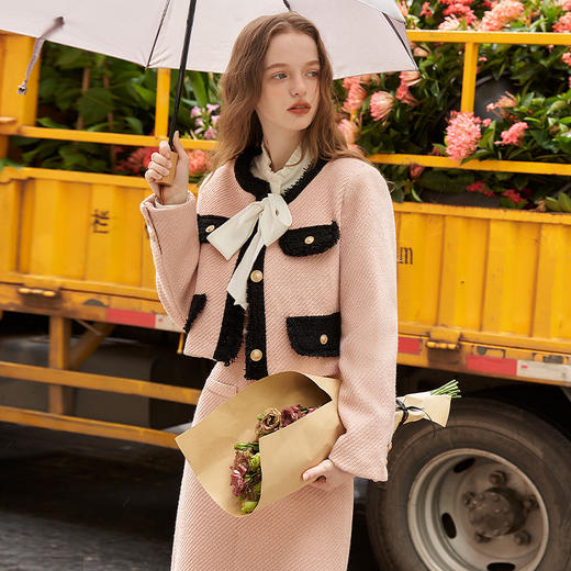 粉黑撞色小香风套装女秋冬新款千金风夹棉外套高腰直筒裙V2332654 商品图0