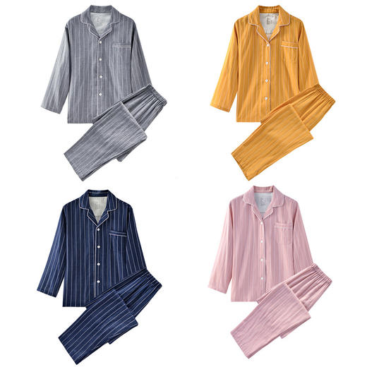 【彩条家居服】双层纱家居全棉情侣竖条纹睡衣纯棉男女家居服套装 商品图1