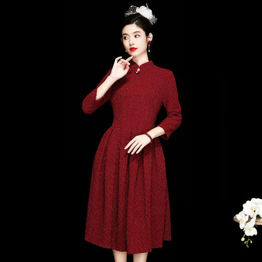 中国风女装，新款秋季复古针织粗纺红色改良旗袍连衣裙OY-230392 商品图1