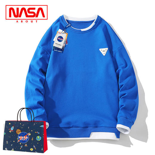 「四款配色」NASA About假两件圆领卫衣 男款秋季宽松休闲打底衫学生上衣 商品图2