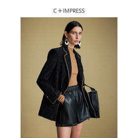 西嘉C+IMPRESS/西嘉黑色西装外套女小香风式链条饰边羊毛粗花呢WT2304077