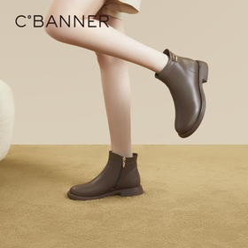 千百度真皮时装靴秋冬百搭英伦风美拉德短靴女鞋粗跟增高保暖A23520531