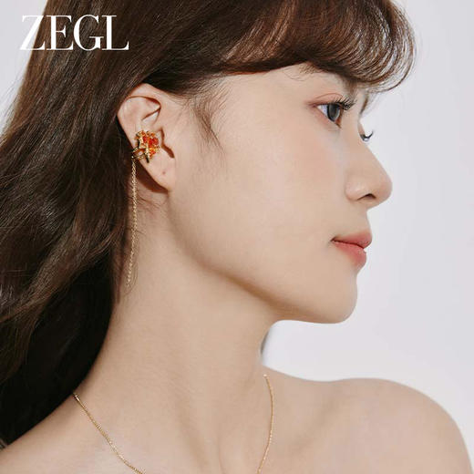 ZEGL设计师枫林晚系列枫叶流苏耳夹女无耳洞耳骨夹长款不对称耳饰 商品图2