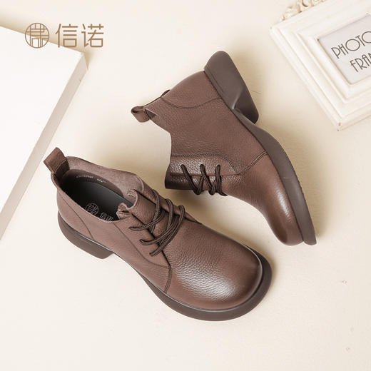信诺真皮舒适女鞋2023新款秋季短靴春秋单靴复古软底休闲妈妈皮鞋23M583-2 商品图1