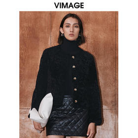 VIMAGE纬漫纪冬季新款气质修身羊毛羊皮革短外套大衣V2093601