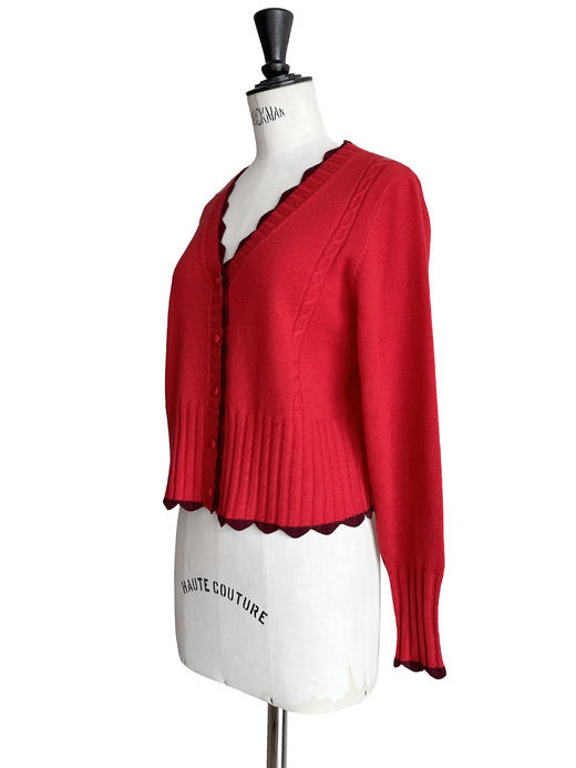 TYNVIE 波浪纹饰边撞色羊绒开衫-红色 商品图4