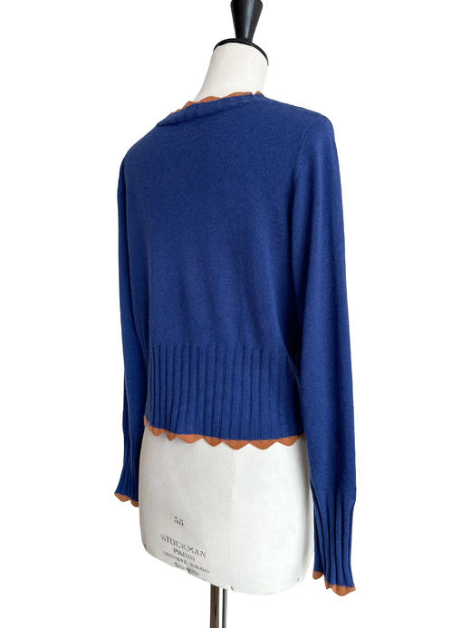 TYNVIE 波浪纹饰边撞色羊绒开衫-蓝色 商品图6