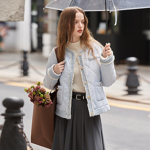 甜美气质毛边拼接小香风棉服外套女2023秋冬新款菱格保暖棉衣V2332658 商品图3