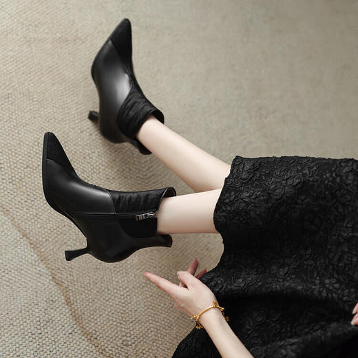 法式尖头细跟短靴，后拉链及裸靴高跟显瘦靴NY-N2317 商品图3