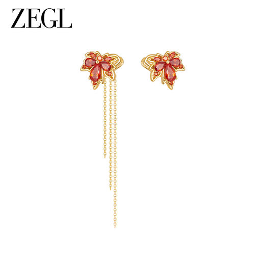 ZEGL设计师枫林晚系列枫叶流苏耳夹女无耳洞耳骨夹长款不对称耳饰 商品图0