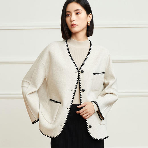 玳莎混色双面呢V领大衣女秋冬新款贝壳绣设计感一手长外套   DD39308 商品图0