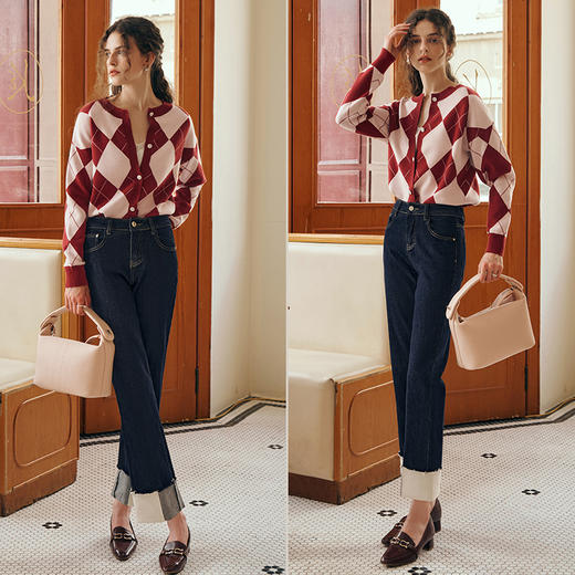 OLrain欧芮儿深色牛仔裤女秋季2023年新款高腰时尚拼接翻边九分裤 商品图3