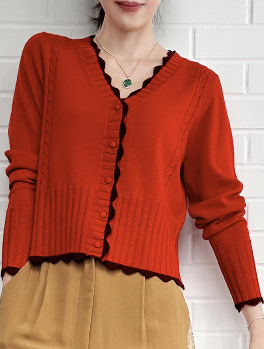 TYNVIE 波浪纹饰边撞色羊绒开衫-红色 商品图1