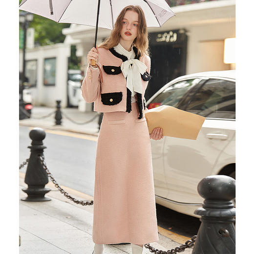 粉黑撞色小香风半身裙女2023秋冬新款法式优雅高腰显瘦直筒裙V2332655 商品图3