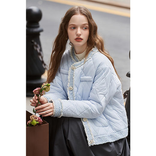 甜美气质毛边拼接小香风棉服外套女2023秋冬新款菱格保暖棉衣V2332658 商品图0