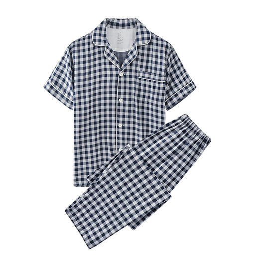 【双层纱短袖长裤家居服】小格纹双层纱家居服情侣家居睡衣纯棉短袖款 商品图7