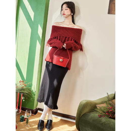 西遇韩式一字肩长袖毛衣女2023秋冬新款宽松复古百搭慵懒风上衣D2338861 商品图1