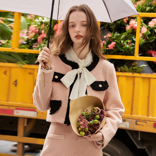 粉黑撞色小香风套装女秋冬新款千金风夹棉外套高腰直筒裙V2332654 商品图2