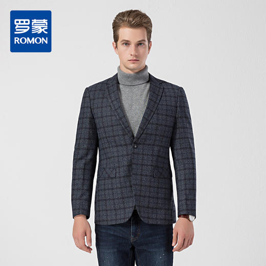 罗蒙秋冬厚款男士单西服上衣外套经典格纹磨毛小西装上衣外套男 商品图0