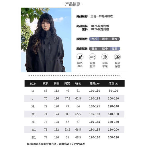 「三合一！数色可选」NASA旅游冲锋衣外套女潮牌登山服春秋薄款冬季三合一可拆卸外套男上衣 商品图2