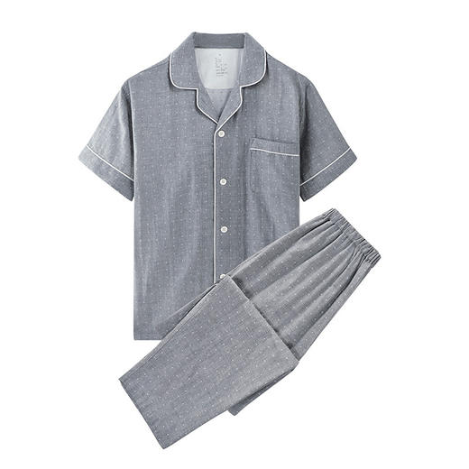 【双层纱短袖长裤家居服】小格纹双层纱家居服情侣家居睡衣纯棉短袖款 商品图1