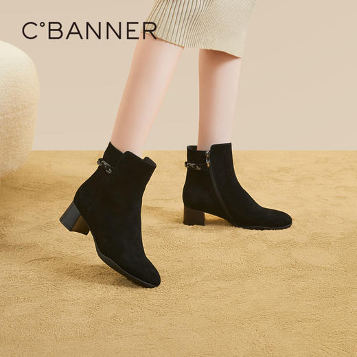 千百度保暖瘦瘦靴秋冬粗高跟短靴子时装靴羊皮女鞋A23591719 商品图0