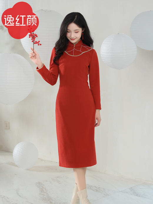 逸红颜 叶彤 2026春季新款针织改良旗袍红色九分袖新中式连衣裙女 商品图1