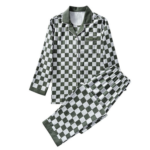 【棋盘格家居服】双层纱家居服格子情侣睡衣全棉长袖长裤居家服套装新 商品图3