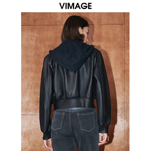 VIMAGE纬漫纪冬季新款个性帅气纯色短款连帽皮衣短外套V2093602 商品图4