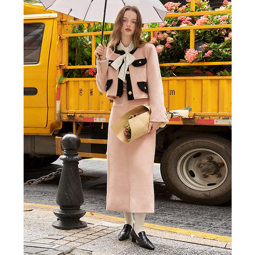 粉黑撞色小香风套装女秋冬新款千金风夹棉外套高腰直筒裙V2332654 商品图1