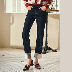 OLrain欧芮儿深色牛仔裤女秋季2023年新款高腰时尚拼接翻边九分裤