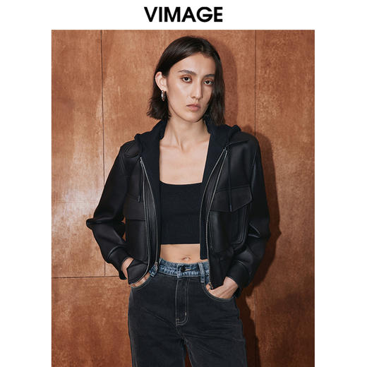 VIMAGE纬漫纪冬季新款个性帅气纯色短款连帽皮衣短外套V2093602 商品图0