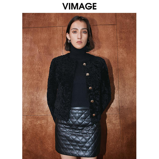 VIMAGE纬漫纪冬季新款气质修身羊毛羊皮革短外套大衣V2093601 商品图1