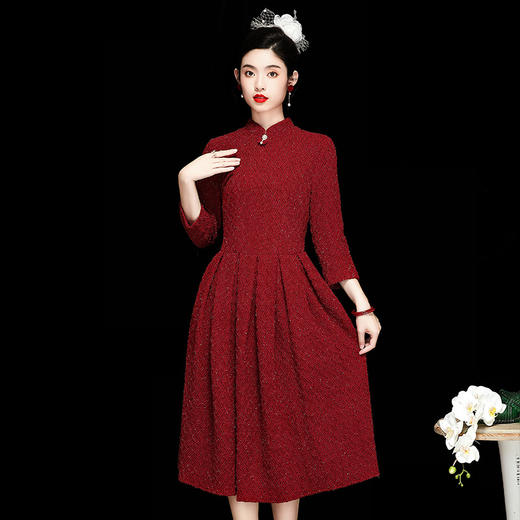 中国风女装，新款秋季复古针织粗纺红色改良旗袍连衣裙OY-230392 商品图0