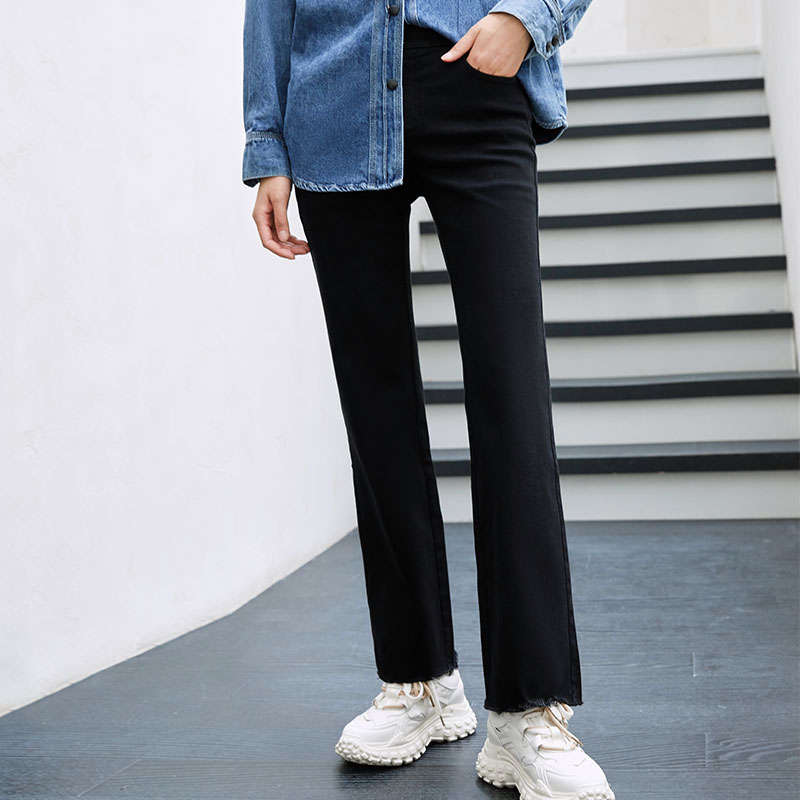 玳莎高腰三扣微喇牛仔裤女冬季新款时尚微弹显瘦毛边设计休闲裤   DD36307