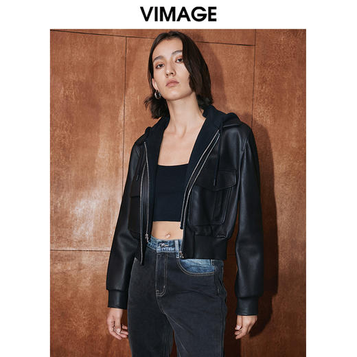 VIMAGE纬漫纪冬季新款个性帅气纯色短款连帽皮衣短外套V2093602 商品图2
