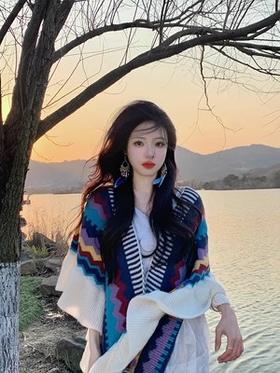 A669 2023新款民族风披肩女木耳边时尚穿搭针织斗篷波西米亚旅游外搭潮