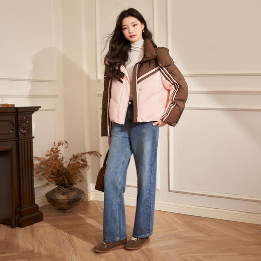 美拉德撞色羽绒服女秋冬新款立领加厚保暖短款外套小个子V2438482 商品图1