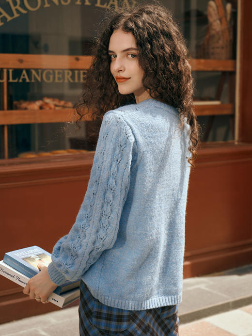 OLrain欧芮儿蓝色毛衣女早秋2023年新款宽松慵懒镂空软糯风套头衫 商品图0