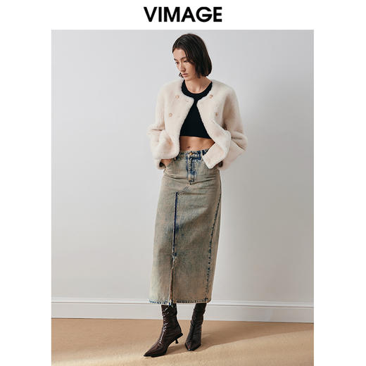 VIMAGE纬漫纪冬季新款气质修身羊皮革外套大衣V2093606 商品图1