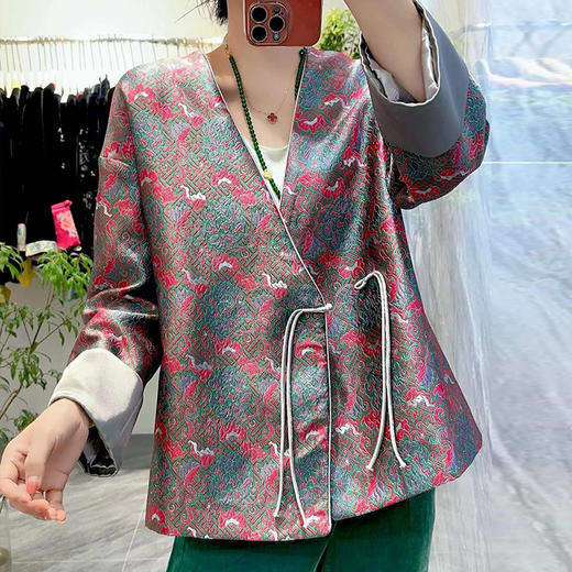 KDS-2326织锦缎提花外套女秋季新款新中式国风V领设计感复古开衫 商品图0
