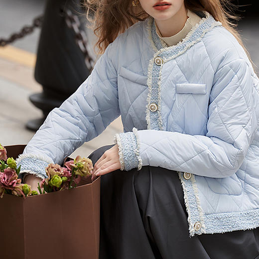 甜美气质毛边拼接小香风棉服外套女2023秋冬新款菱格保暖棉衣V2332658 商品图2